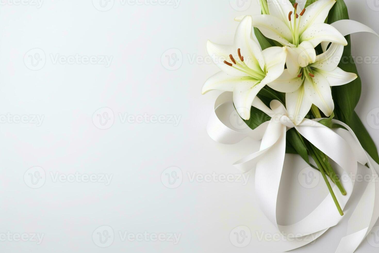 White lily bouquet with ribbon on white background.Funeral Concept AI generated photo