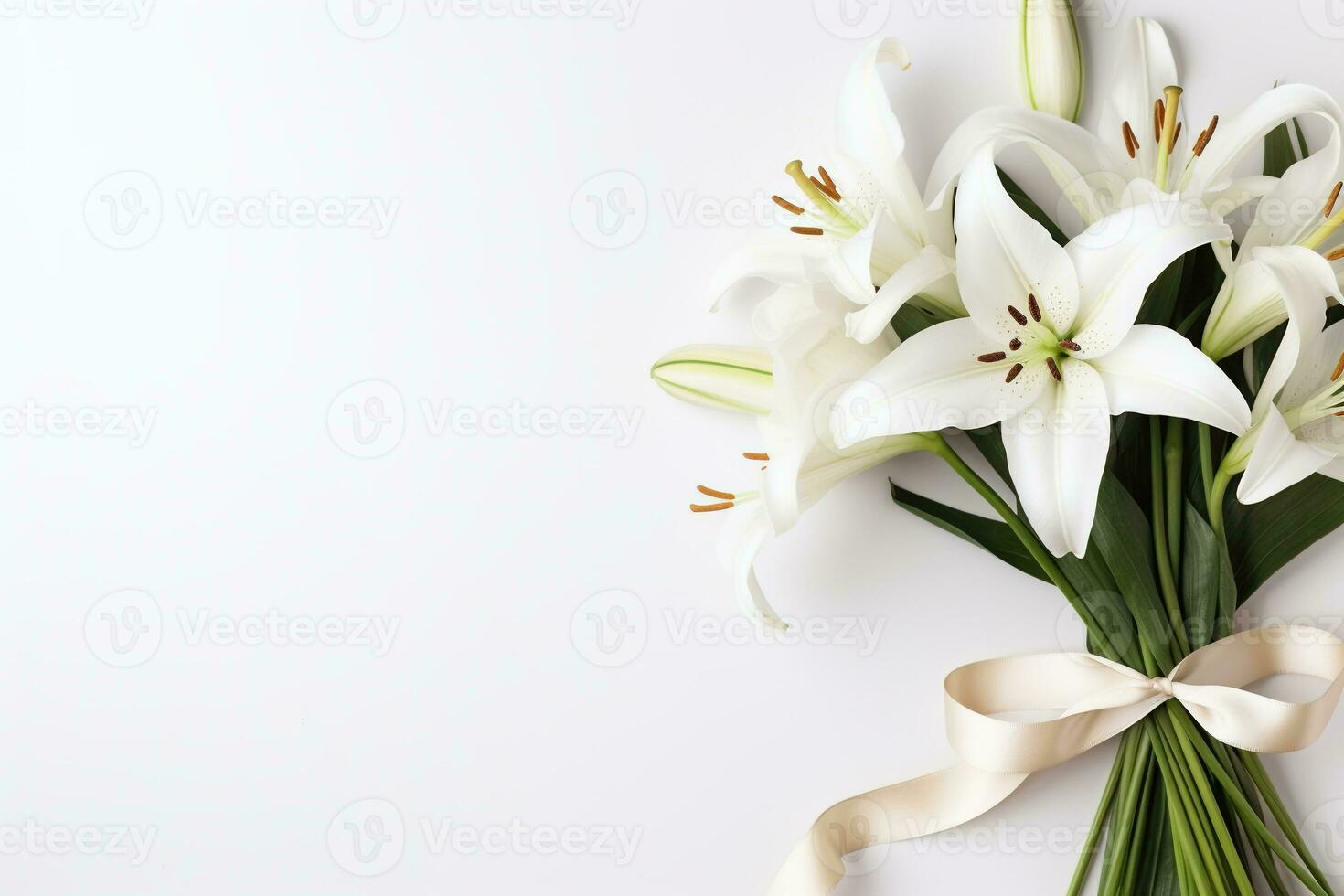 White lily bouquet with ribbon on white background.Funeral Concept AI generated photo