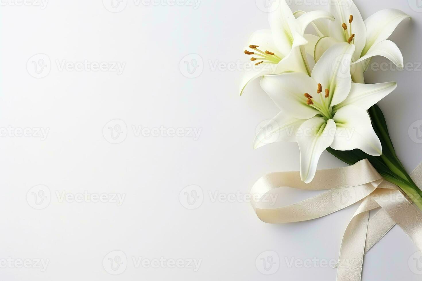 White lily bouquet with ribbon on white background.Funeral Concept AI generated photo