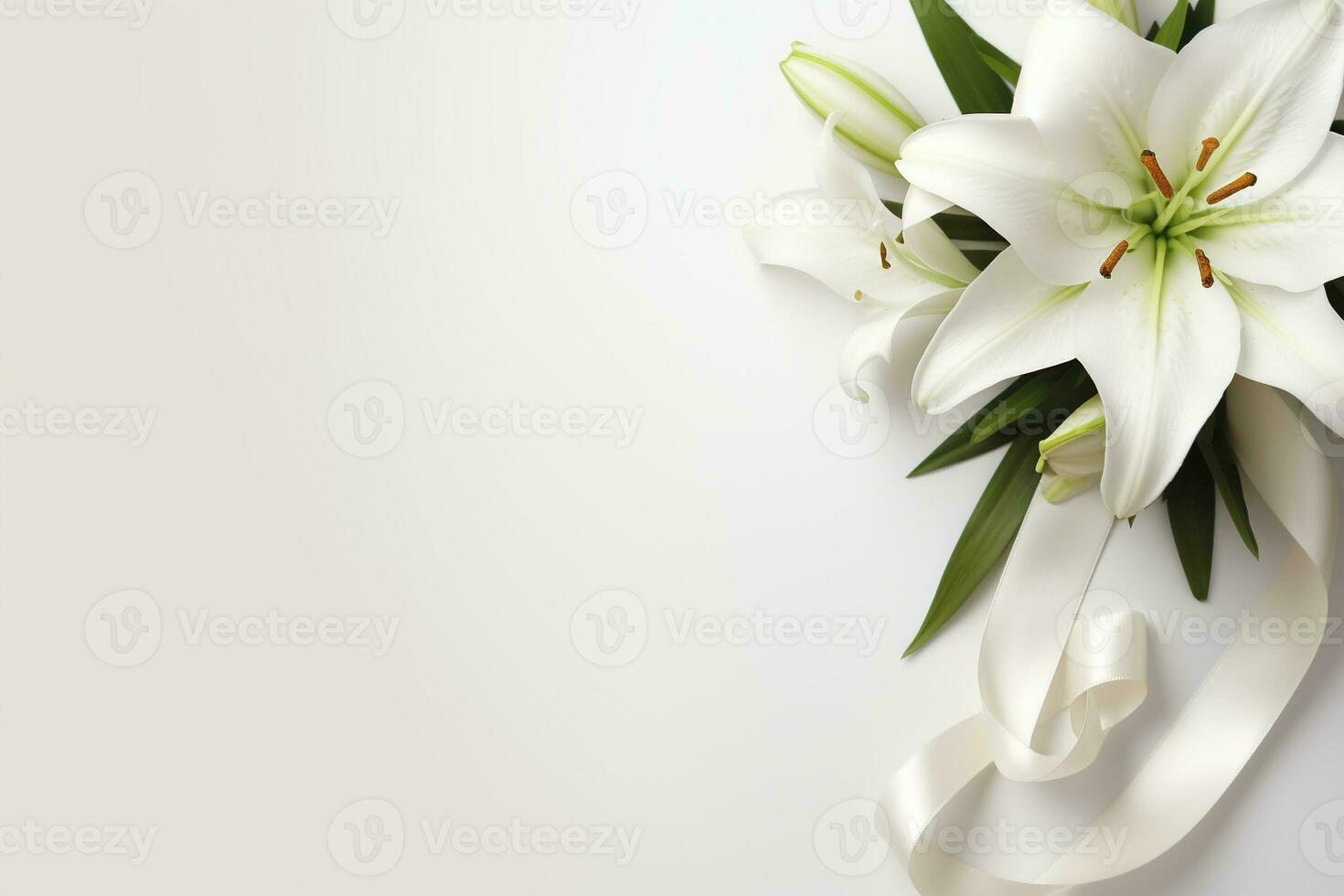 White lily bouquet with ribbon on white background.Funeral Concept AI generated photo