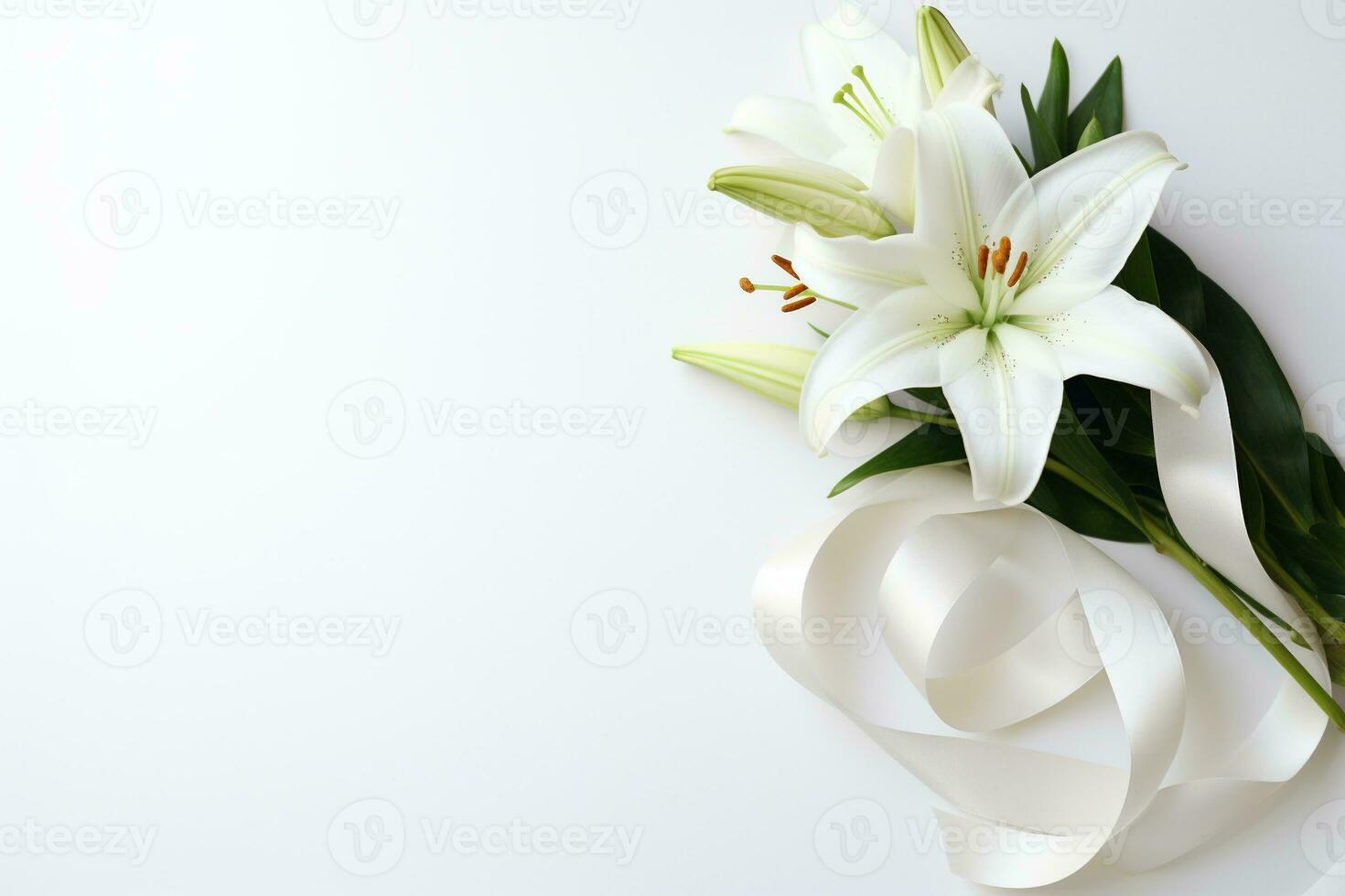 White lily bouquet with ribbon on white background.Funeral Concept AI generated photo