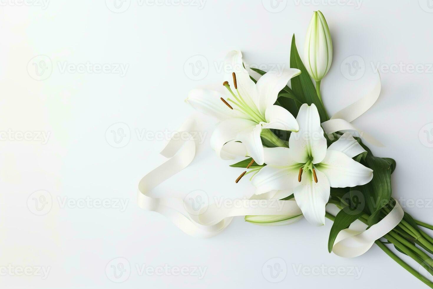 White lily bouquet with ribbon on white background.Funeral Concept AI generated photo