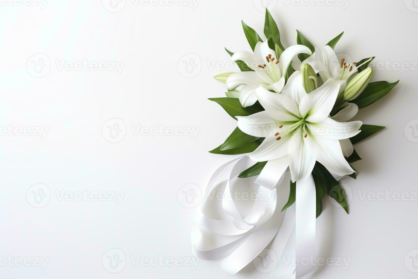 White lily bouquet with ribbon on white background.Funeral Concept AI generated photo