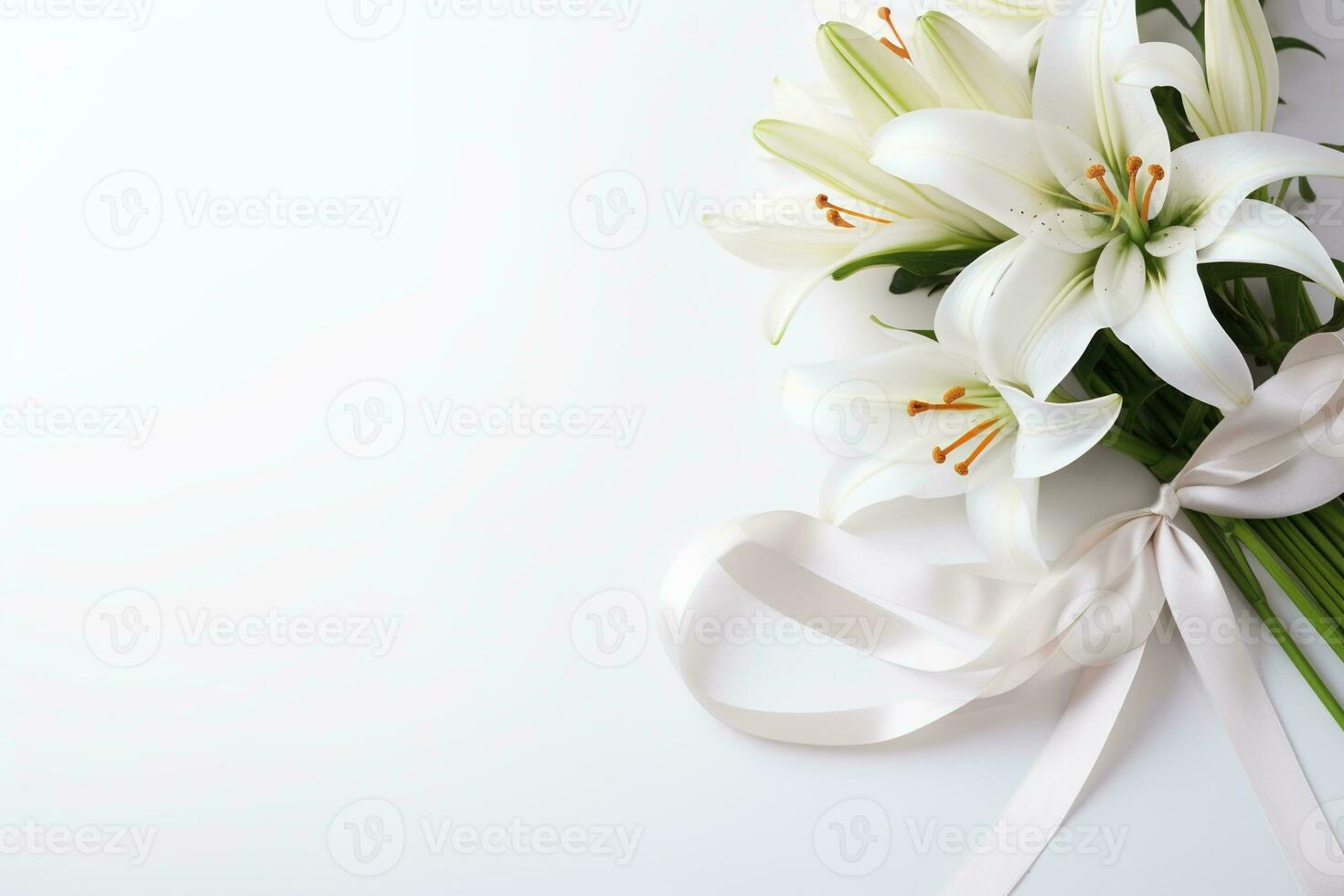 White lily bouquet with ribbon on white background.Funeral Concept AI generated photo