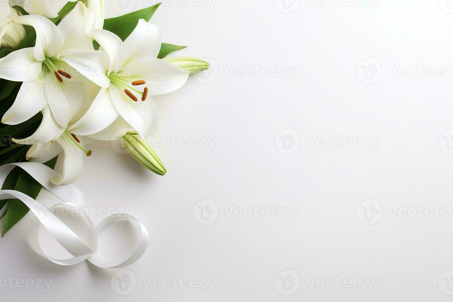 White lily bouquet with ribbon on white background.Funeral Concept AI generated photo