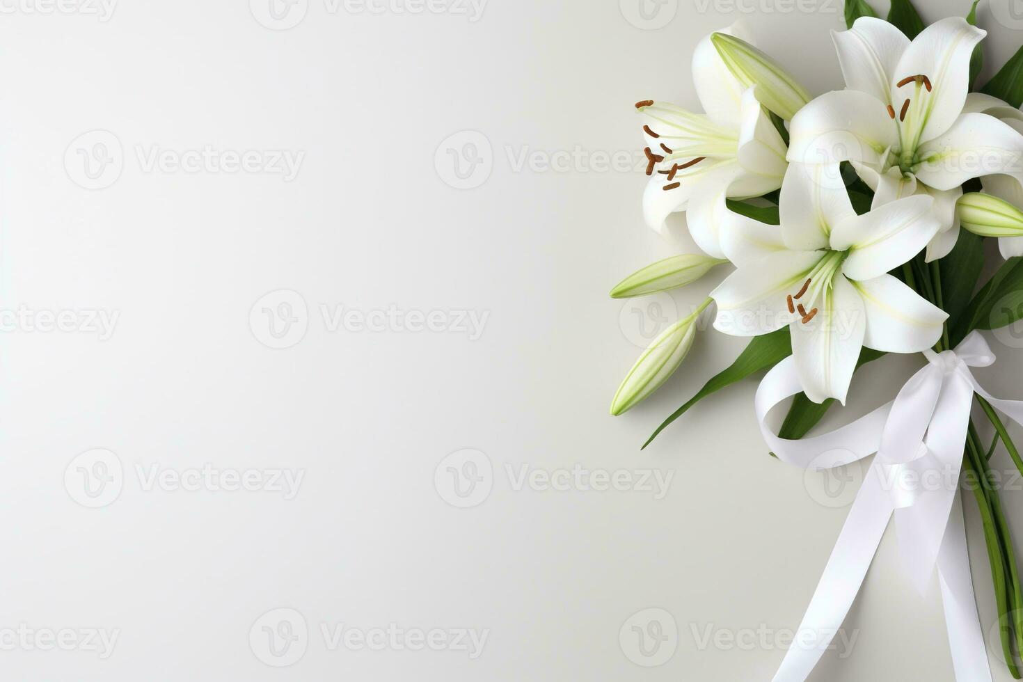 White lily bouquet with ribbon on white background.Funeral Concept AI generated photo