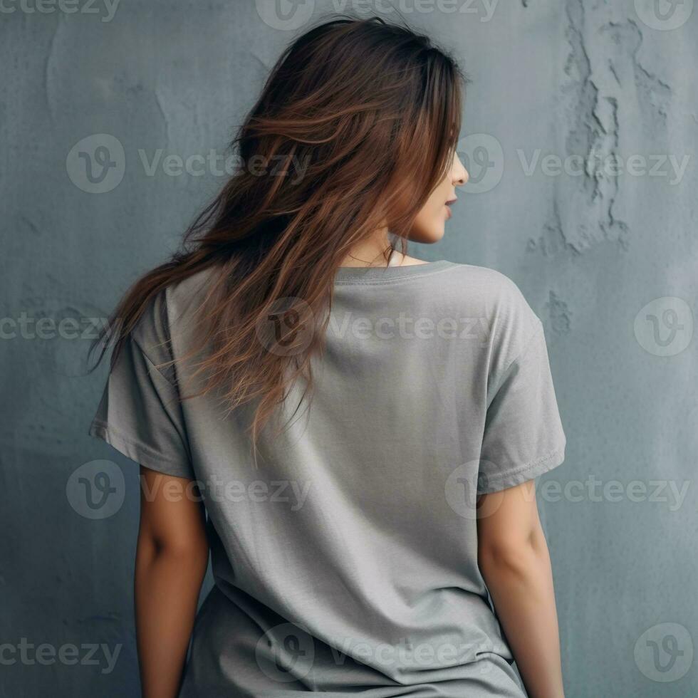 Illustration of a fashion portrait with plain t-shirt mockup, AI Generated photo