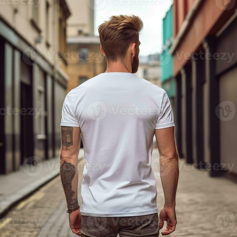 Illustration of a fashion portrait with plain t-shirt mockup, AI Generated photo