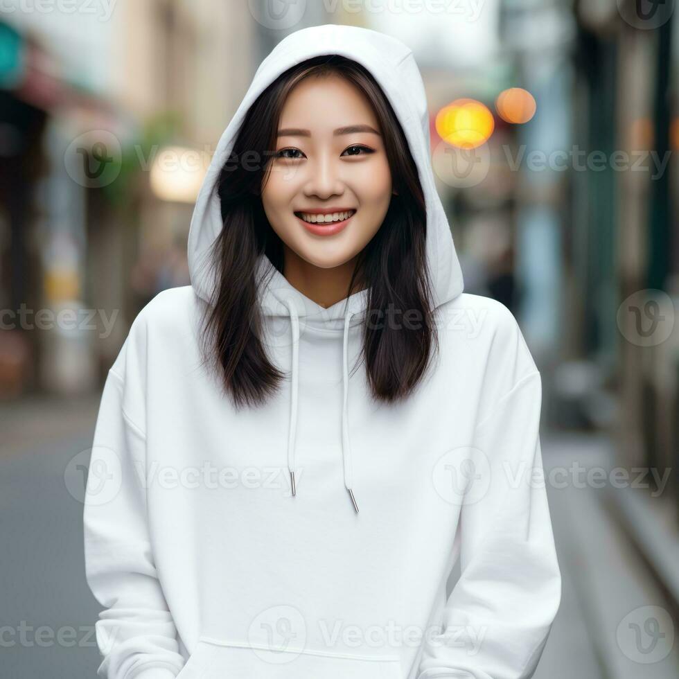 Illustration of a fashion portrait with plain hoodie mockup, AI Generated photo