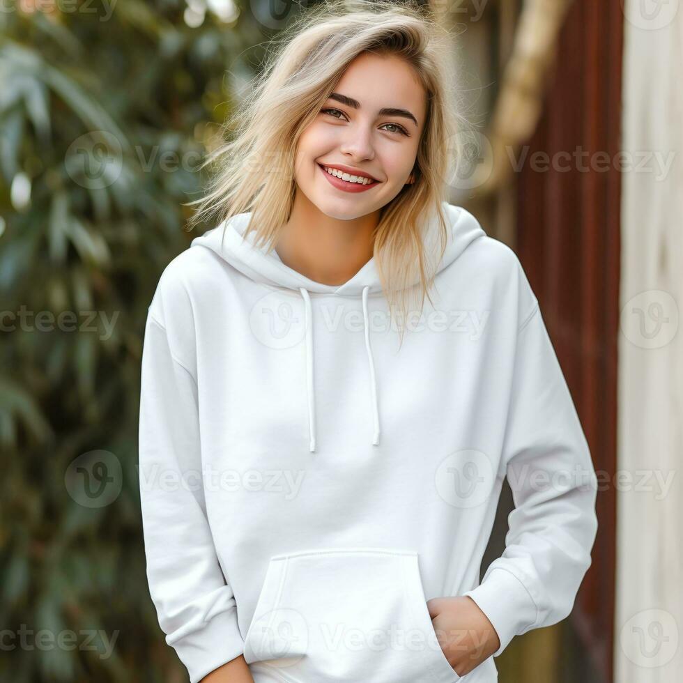 Illustration of a fashion portrait with plain hoodie mockup, AI Generated photo