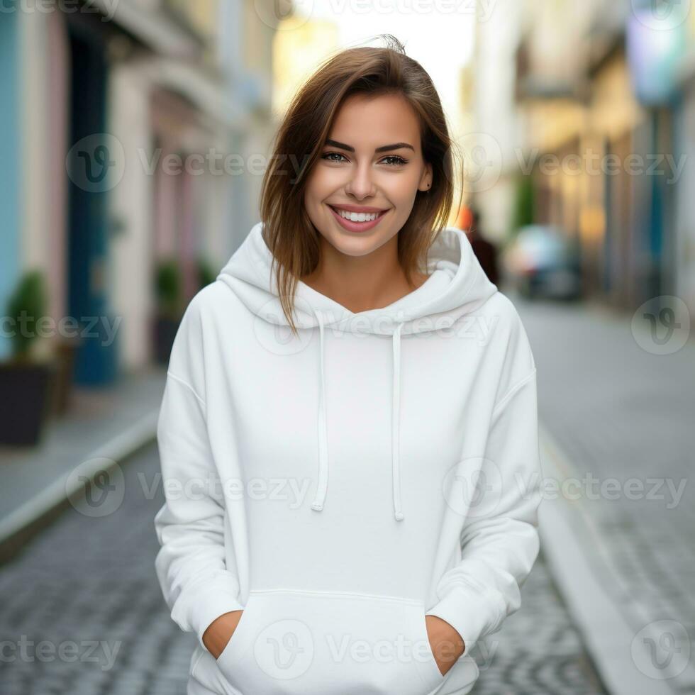 Illustration of a fashion portrait with plain hoodie mockup, AI Generated photo