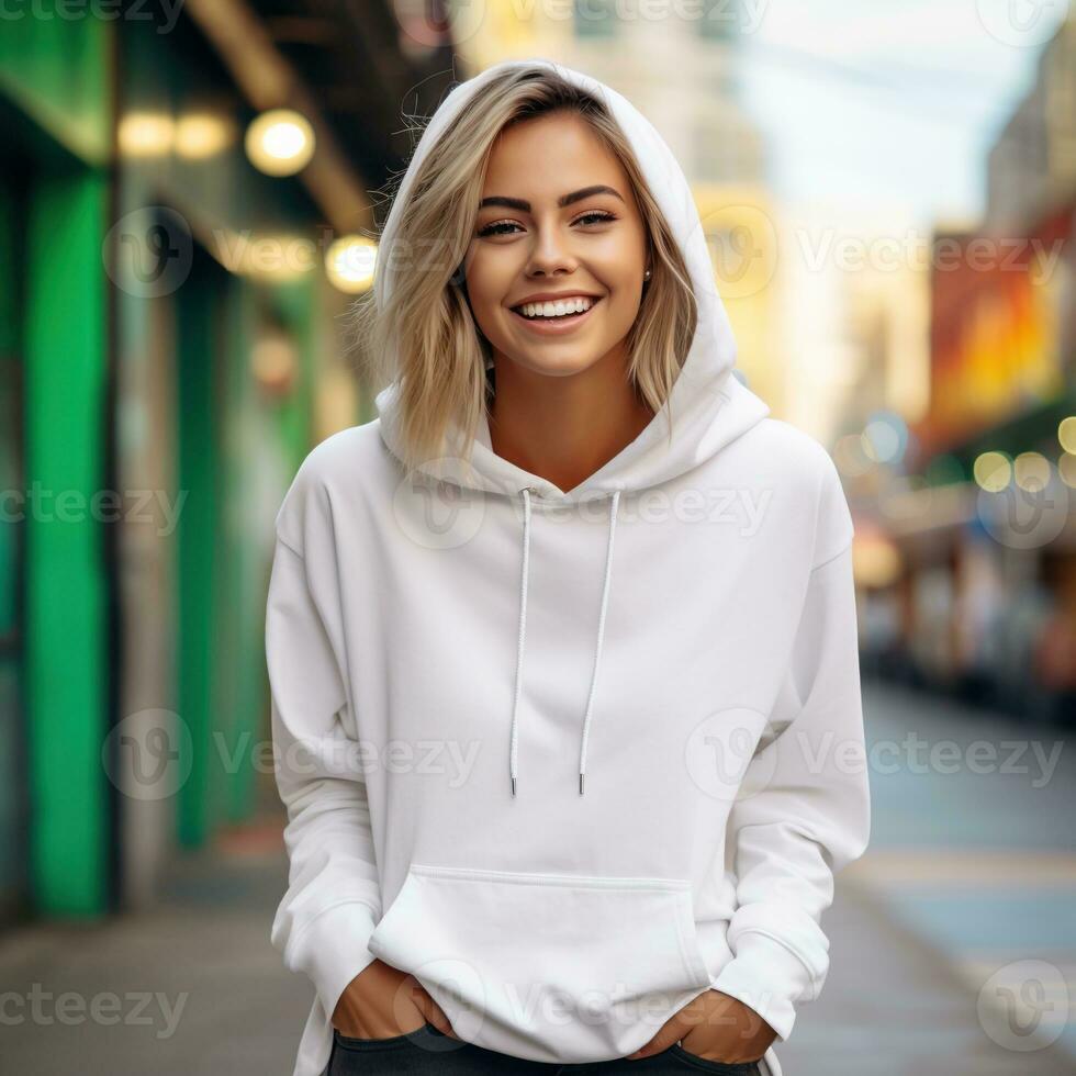 Illustration of a fashion portrait with plain hoodie mockup, AI Generated photo