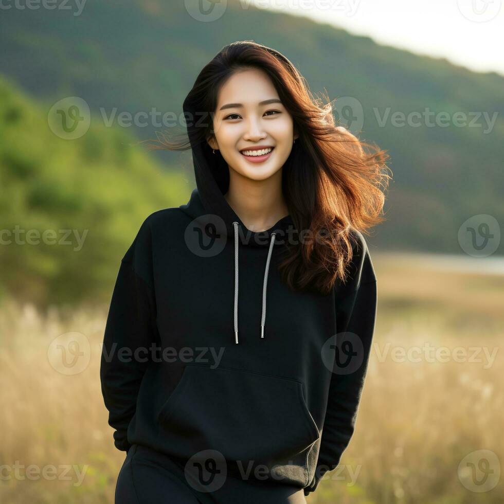 Illustration of a fashion portrait with plain hoodie mockup, AI Generated photo