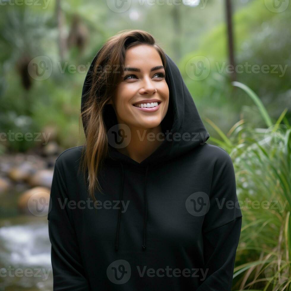 Illustration of a fashion portrait with plain hoodie mockup, AI Generated photo