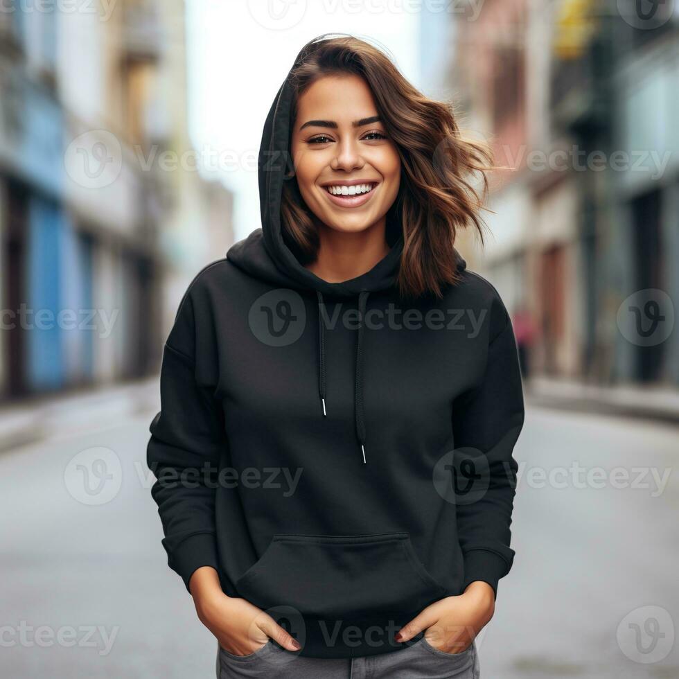 Illustration of a fashion portrait with plain hoodie mockup, AI Generated photo