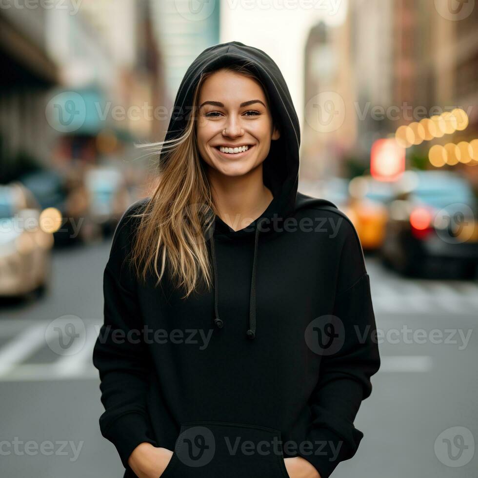 Illustration of a fashion portrait with plain hoodie mockup, AI Generated photo