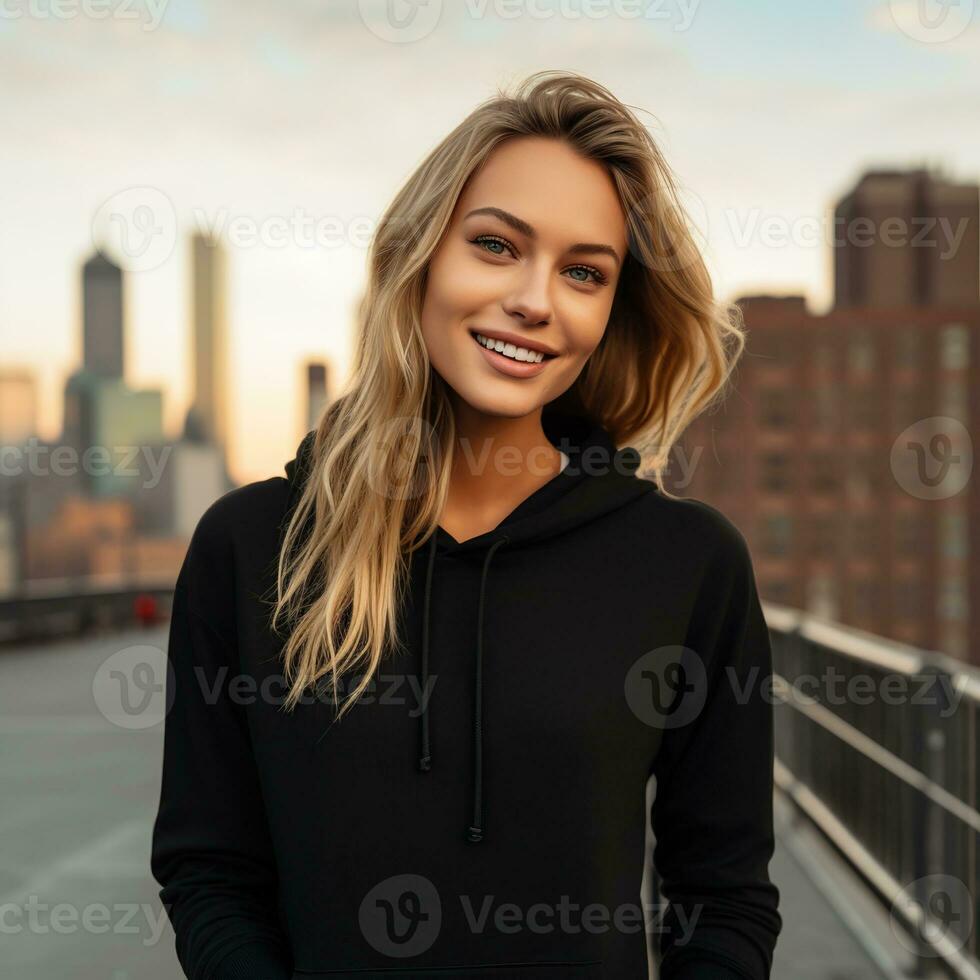 Illustration of a fashion portrait with plain hoodie mockup, AI Generated photo
