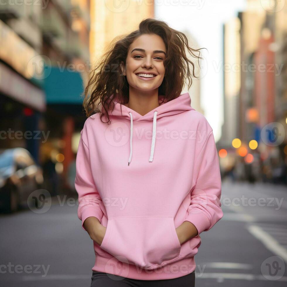 Illustration of a fashion portrait with plain hoodie mockup, AI Generated photo