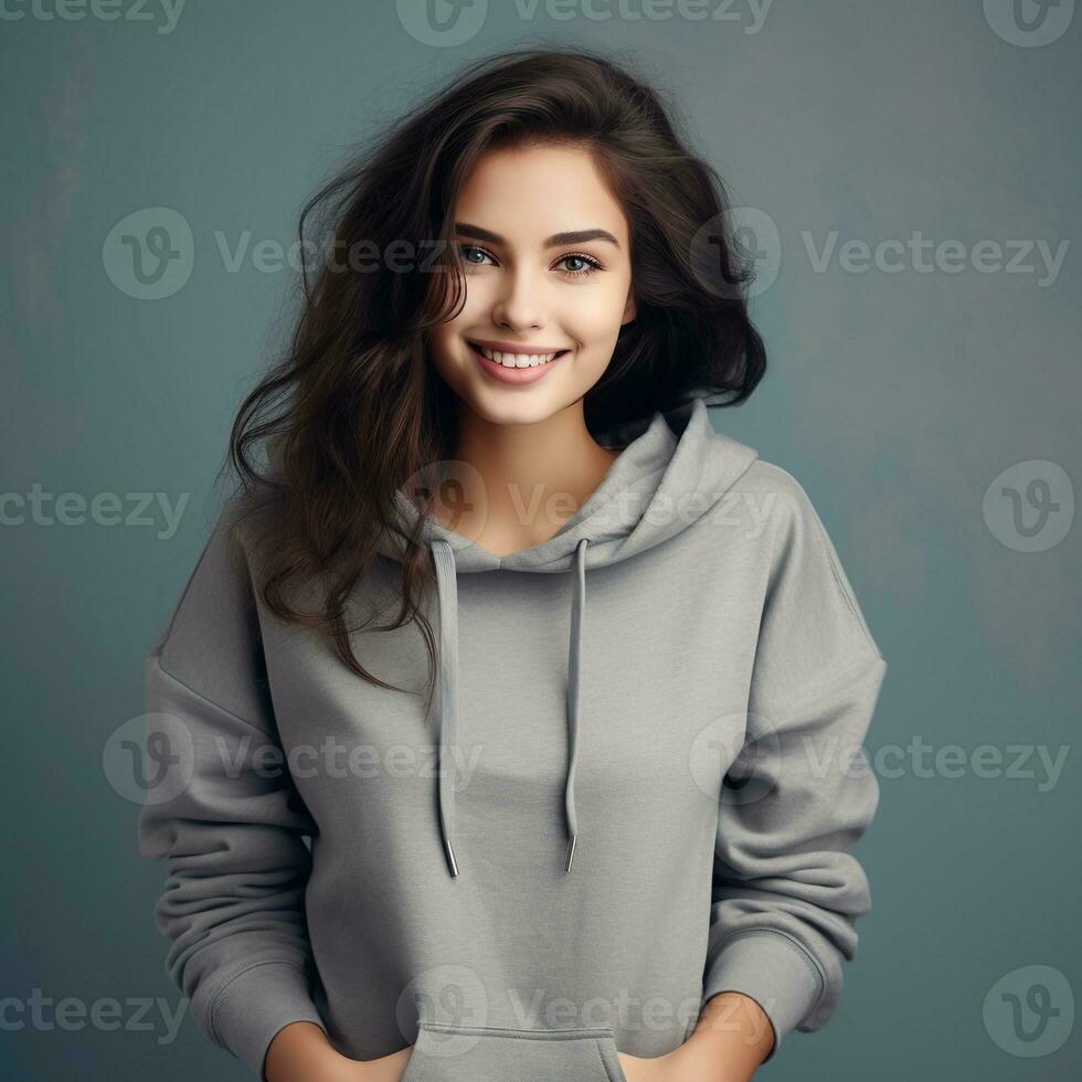 Illustration of a fashion portrait with plain hoodie mockup, AI Generated photo