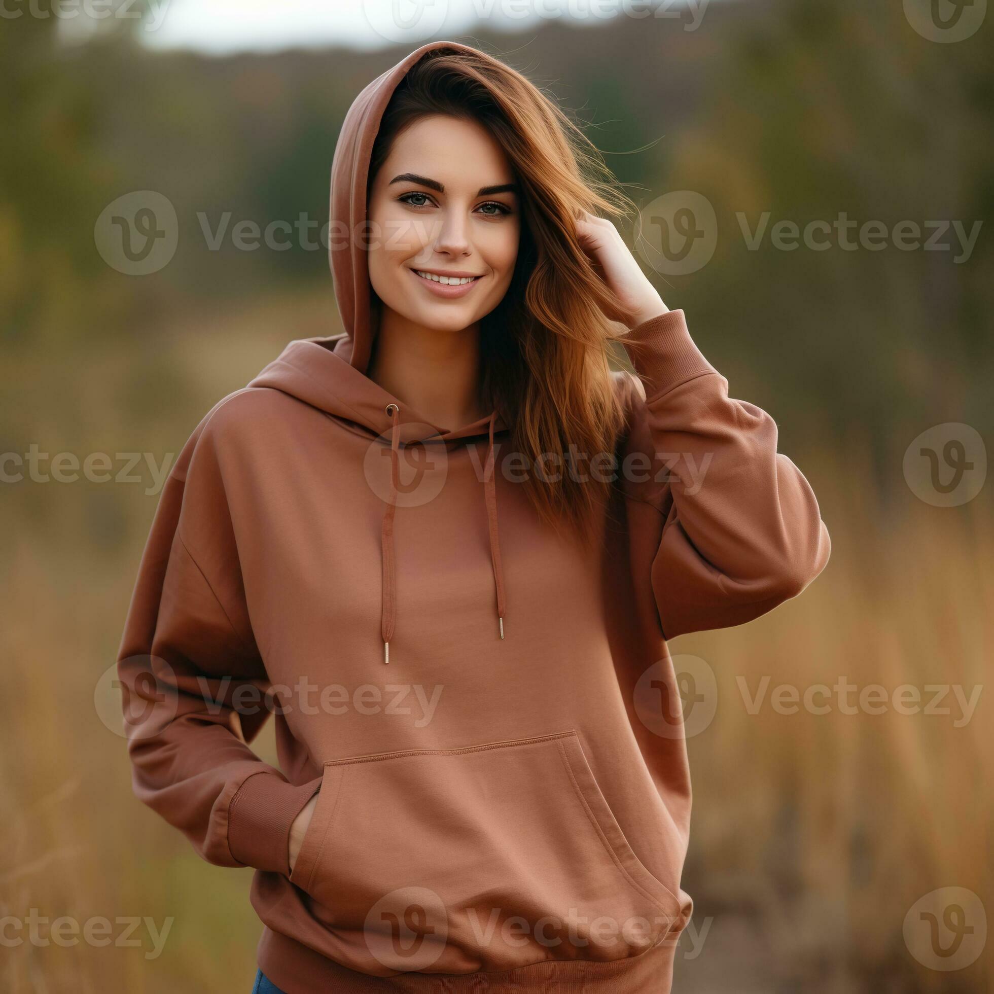 Illustration of a fashion portrait with plain hoodie mockup, AI