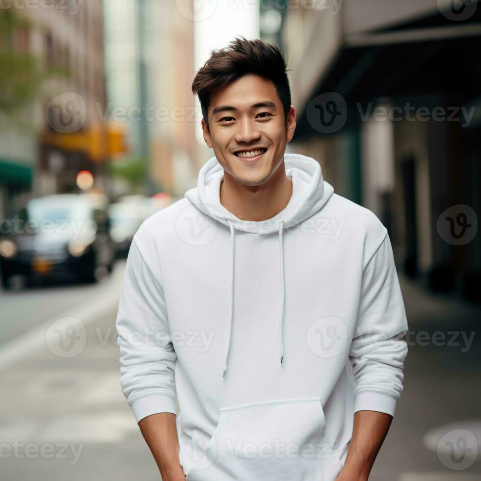 Illustration of a fashion portrait with plain hoodie mockup, AI Generated photo