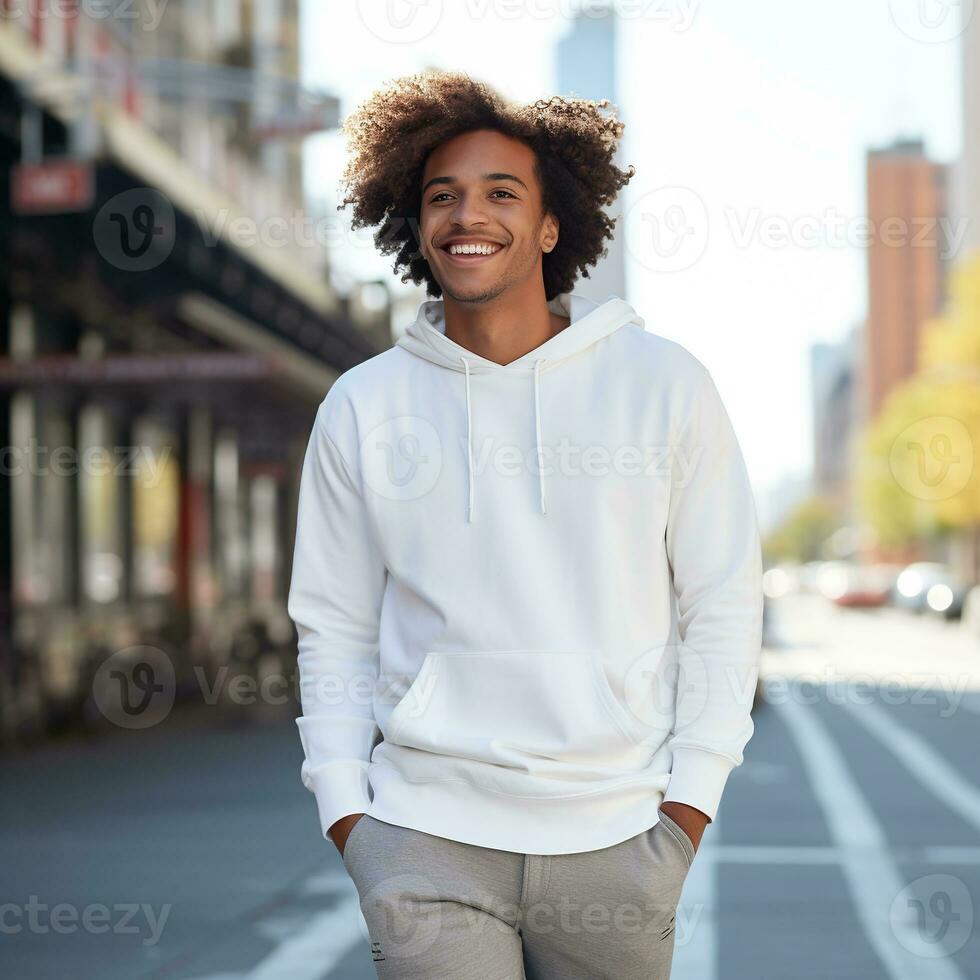 Illustration of a fashion portrait with plain hoodie mockup, AI Generated photo