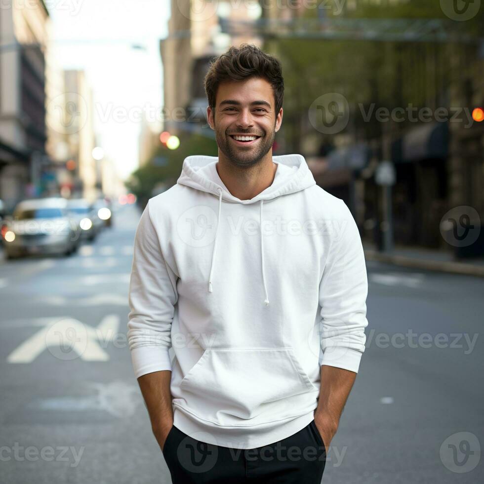 Illustration of a fashion portrait with plain hoodie mockup, AI Generated photo