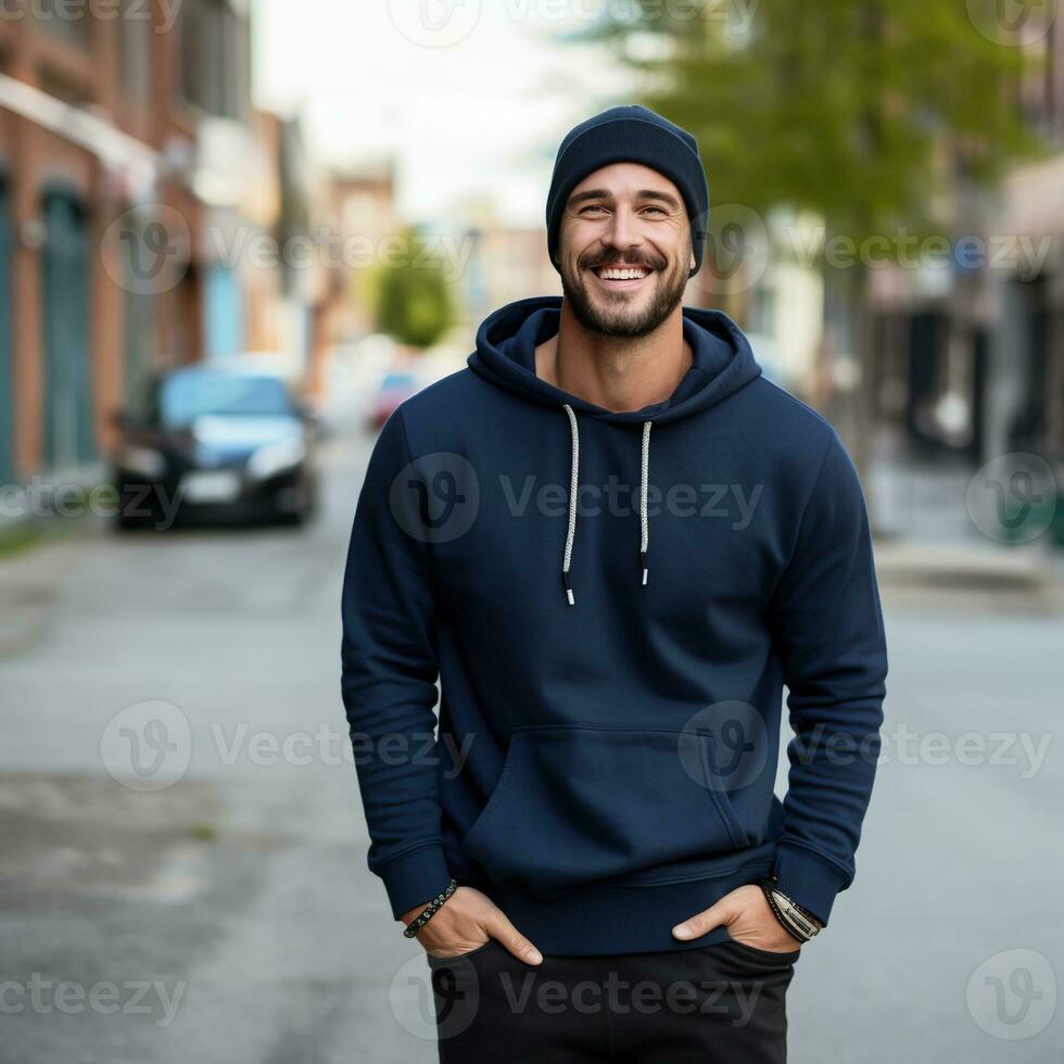 Illustration of a fashion portrait with plain hoodie mockup, AI Generated photo