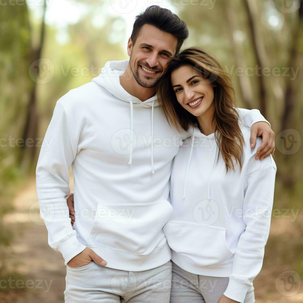 Illustration of a fashioncouple  portrait with plain hoodie mockup, AI Generated photo