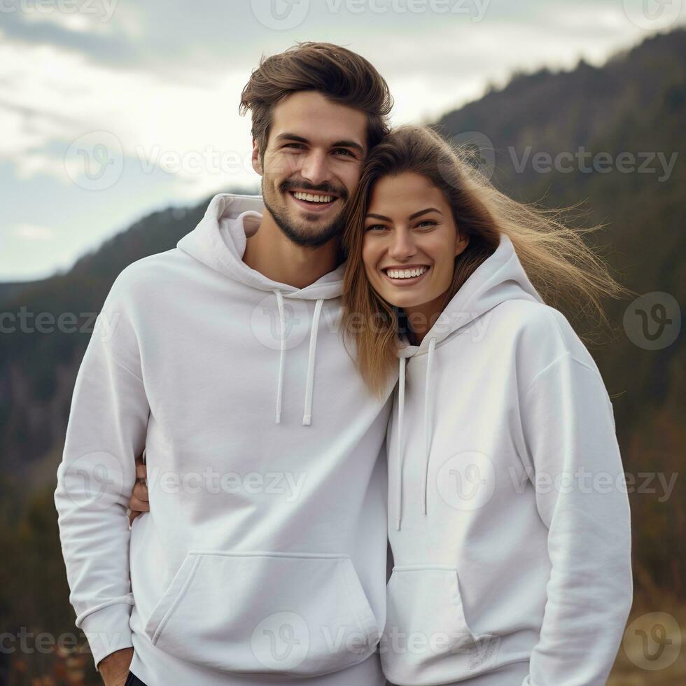 Illustration of a fashioncouple  portrait with plain hoodie mockup, AI Generated photo