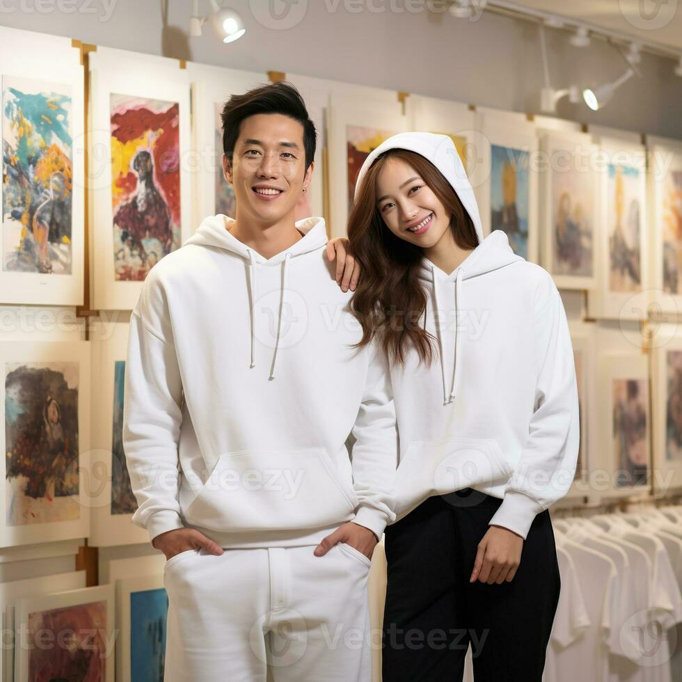 Illustration of a fashioncouple  portrait with plain hoodie mockup, AI Generated photo