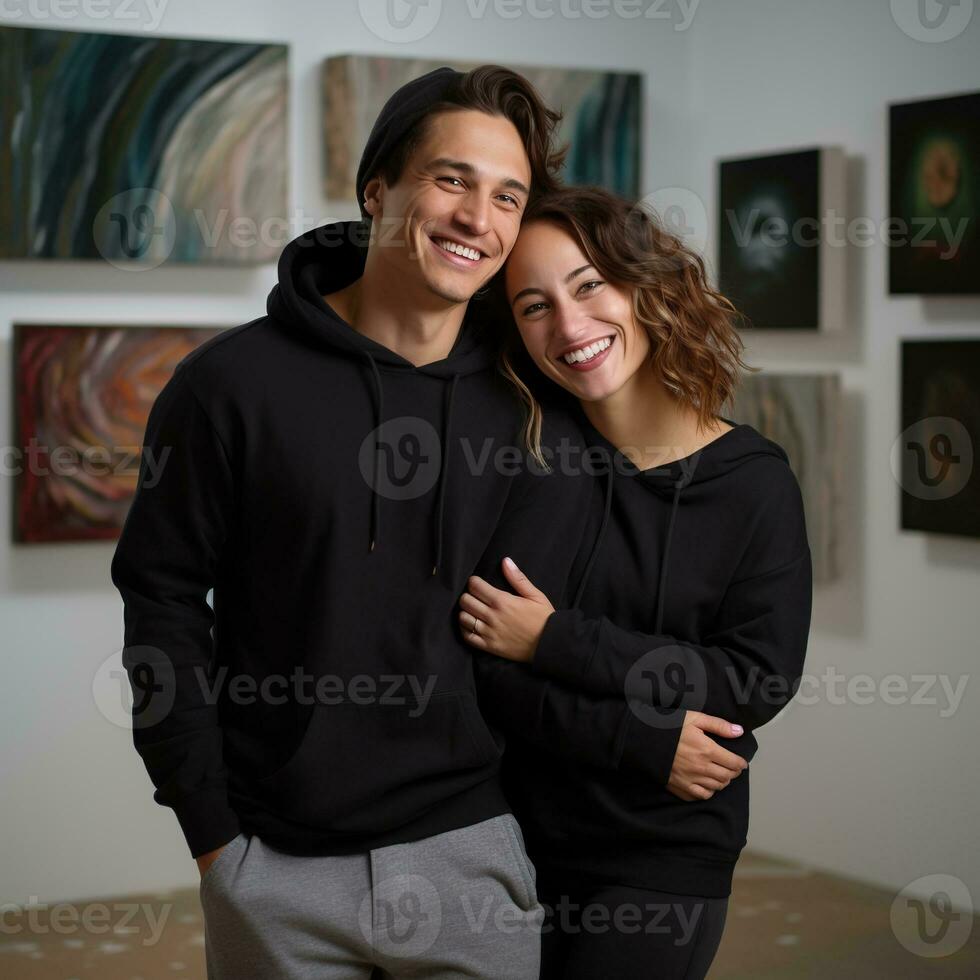 Illustration of a fashioncouple  portrait with plain hoodie mockup, AI Generated photo