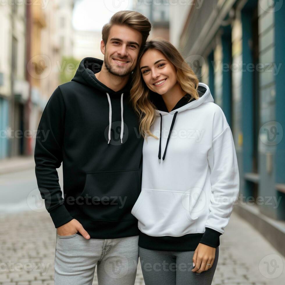 Illustration of a fashioncouple  portrait with plain hoodie mockup, AI Generated photo