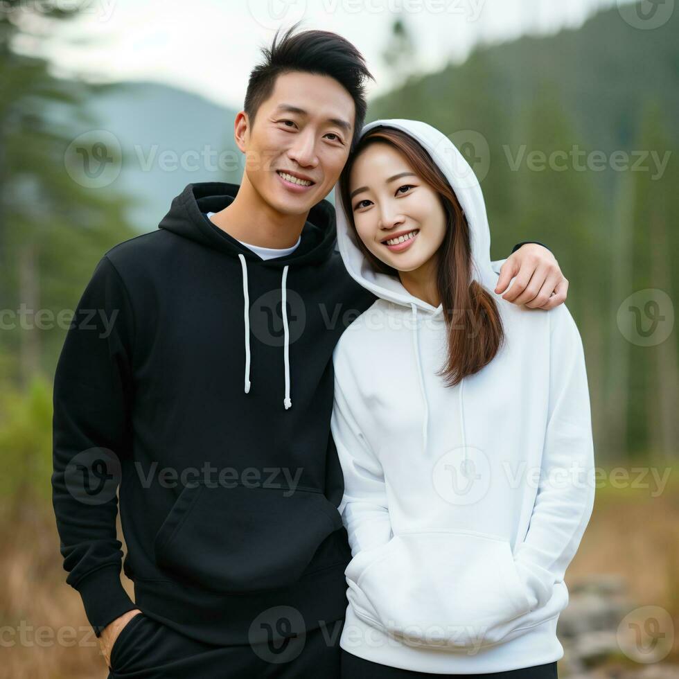 Illustration of a fashioncouple  portrait with plain hoodie mockup, AI Generated photo