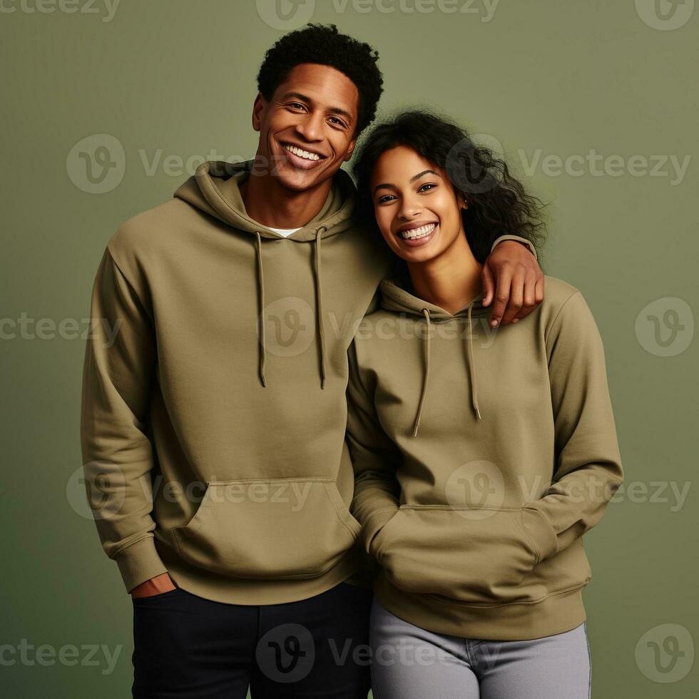 Illustration of a fashioncouple  portrait with plain hoodie mockup, AI Generated photo