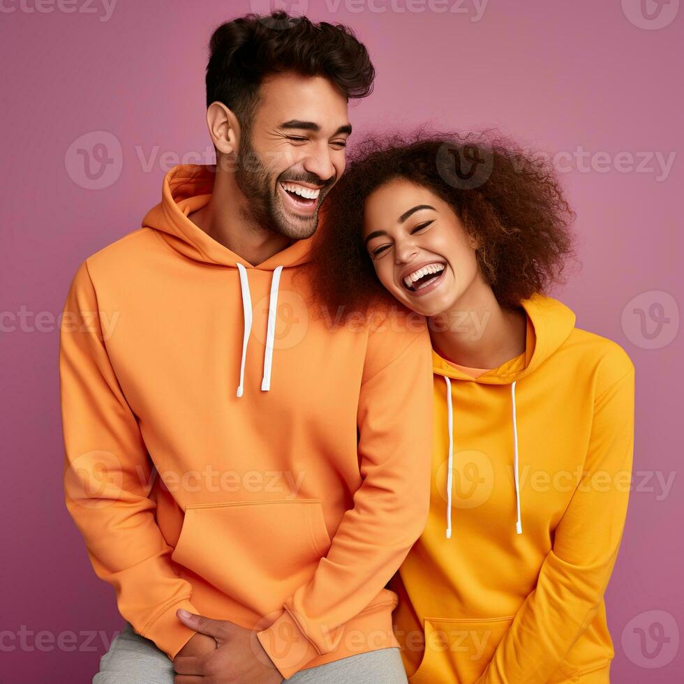 Illustration of a fashioncouple  portrait with plain hoodie mockup, AI Generated photo