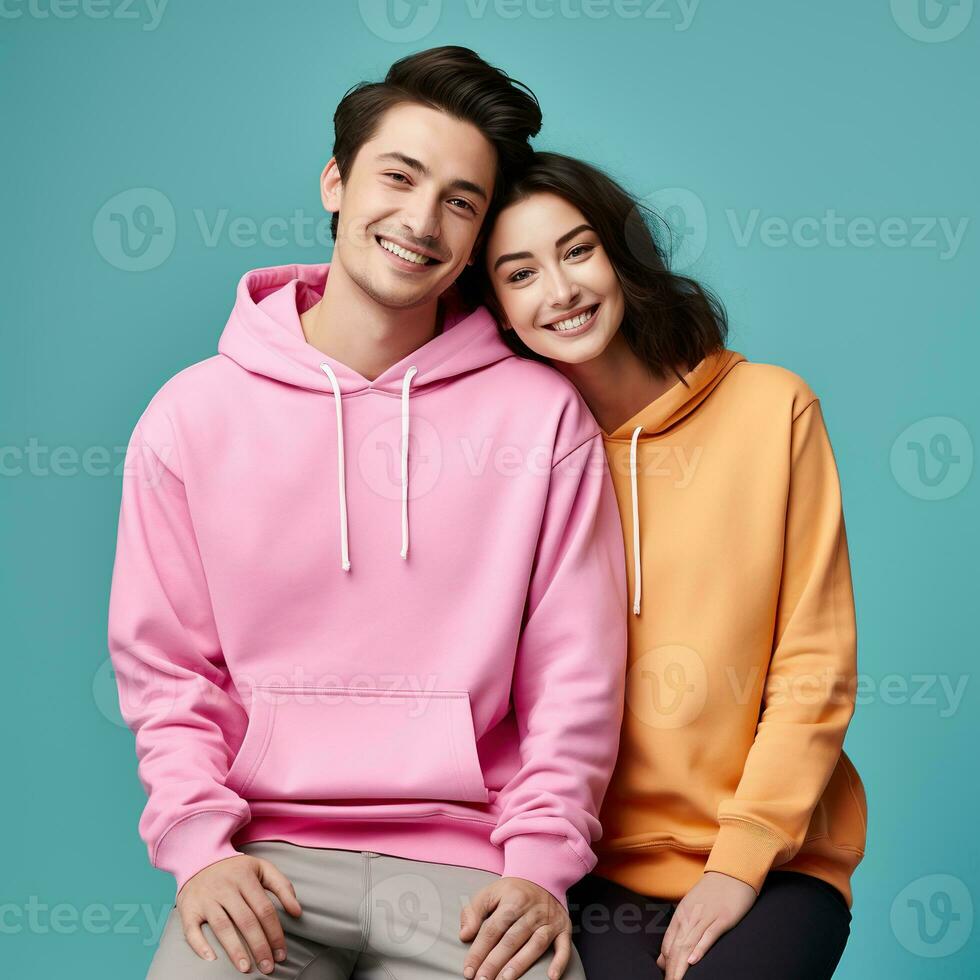 Illustration of a fashioncouple  portrait with plain hoodie mockup, AI Generated photo