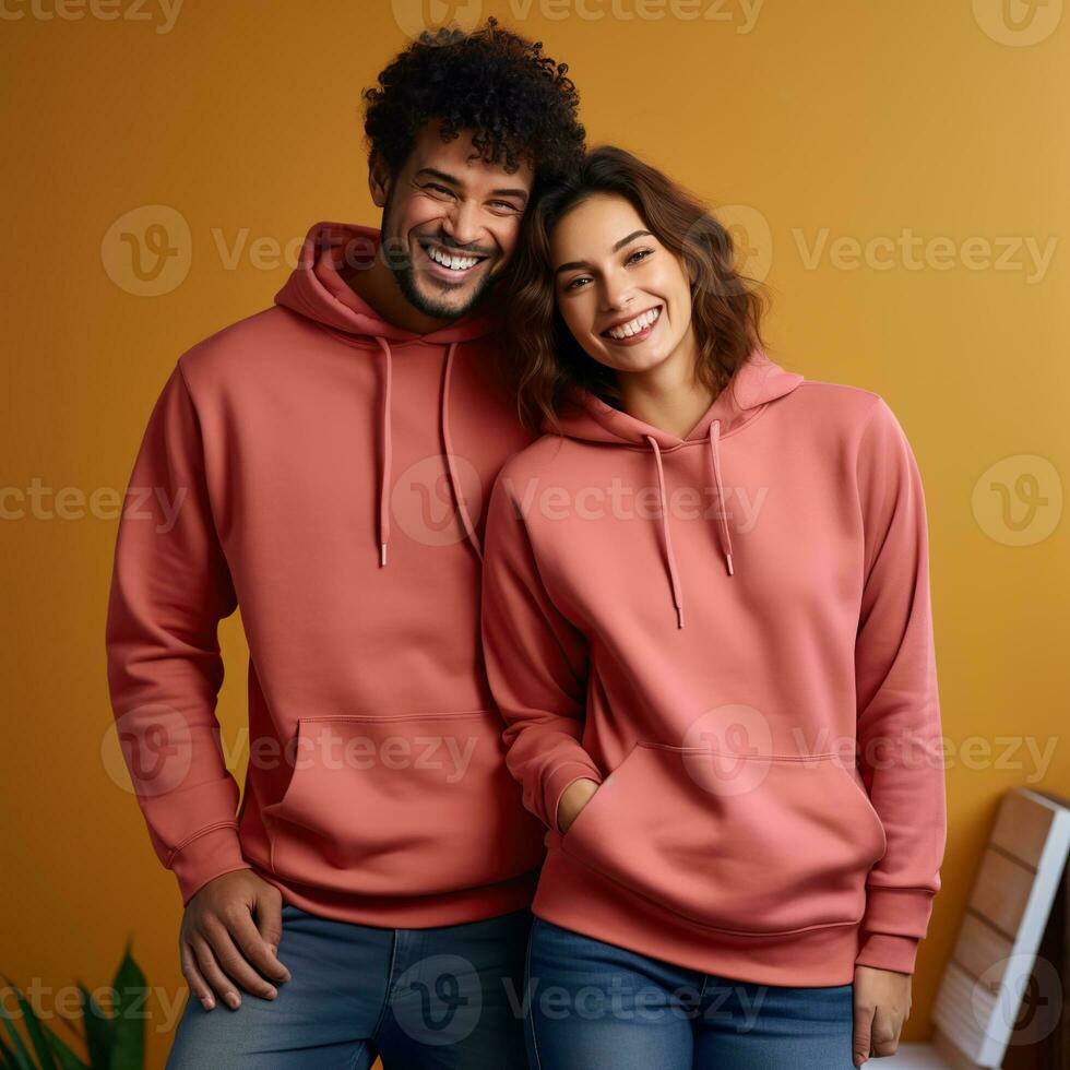 Illustration of a fashioncouple  portrait with plain hoodie mockup, AI Generated photo
