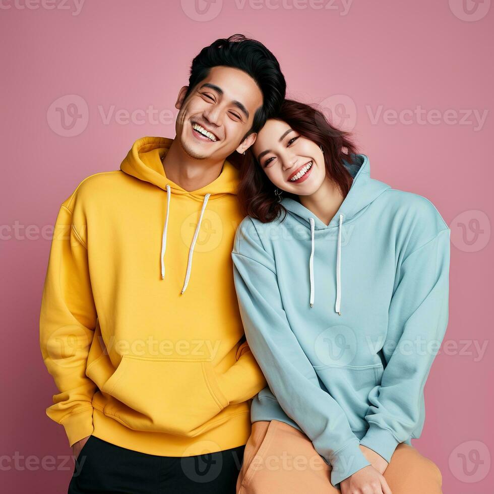 Illustration of a fashioncouple  portrait with plain hoodie mockup, AI Generated photo