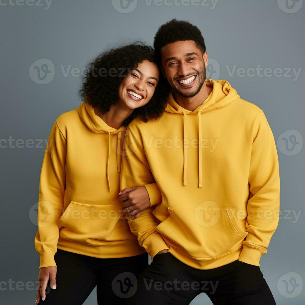 Illustration of a fashioncouple  portrait with plain hoodie mockup, AI Generated photo