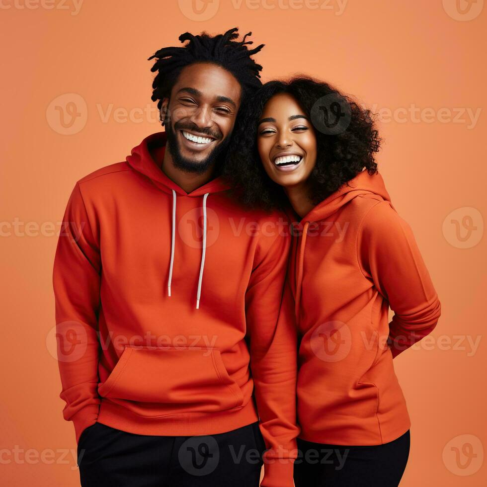 Illustration of a fashioncouple  portrait with plain hoodie mockup, AI Generated photo