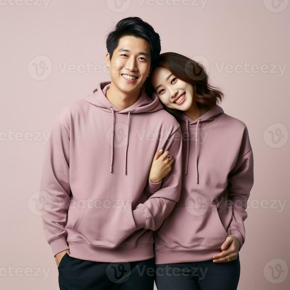 Illustration of a fashioncouple  portrait with plain hoodie mockup, AI Generated photo