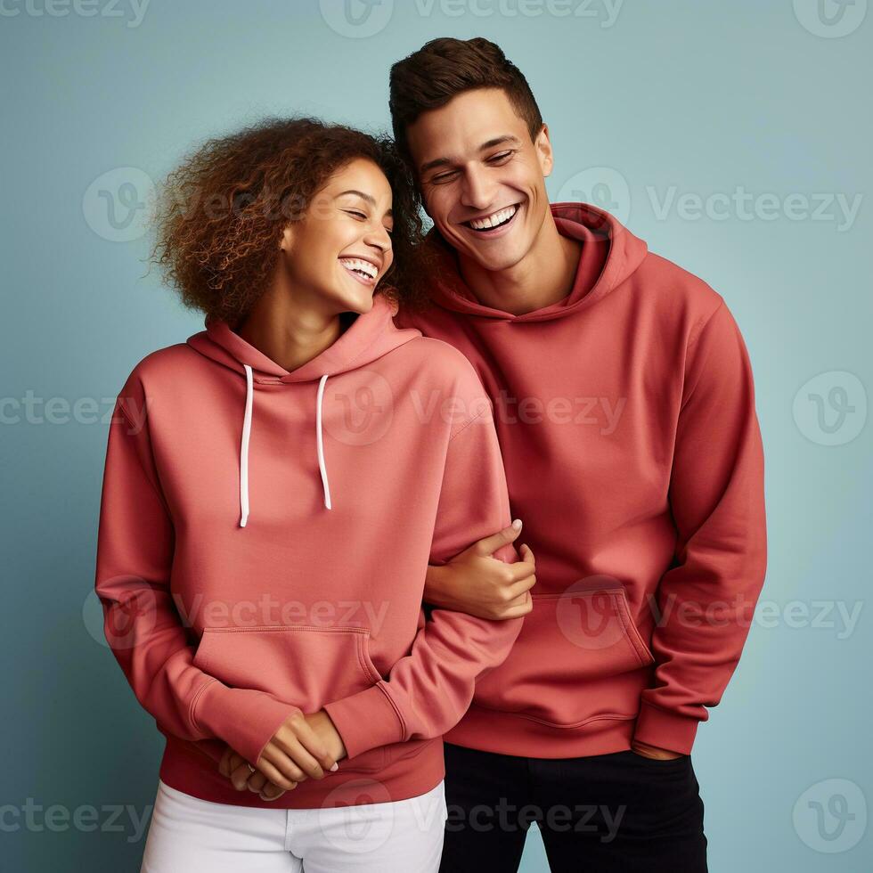 Illustration of a fashioncouple  portrait with plain hoodie mockup, AI Generated photo