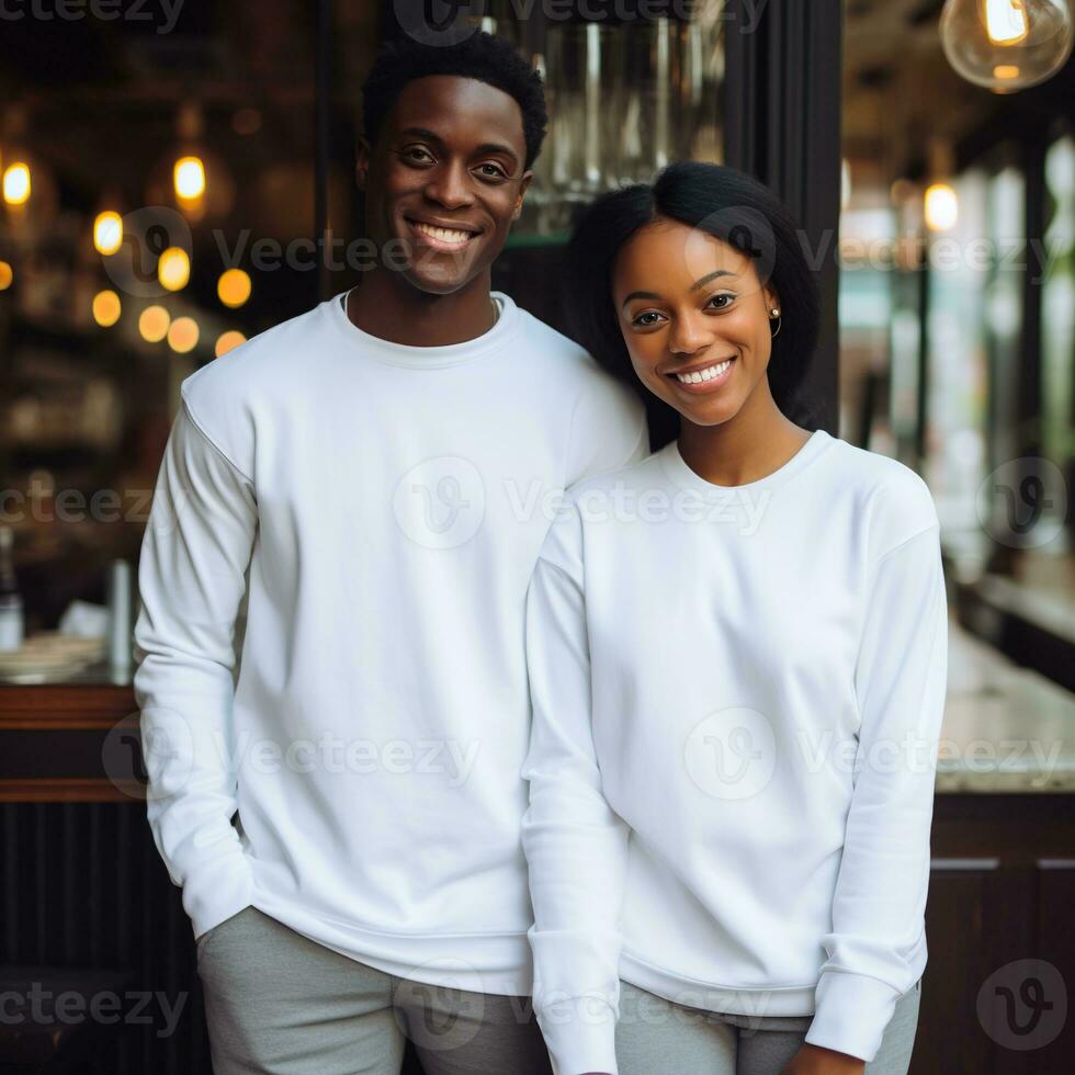 Illustration of a couple fashion portrait with plain sweater mockup, AI. generative photo