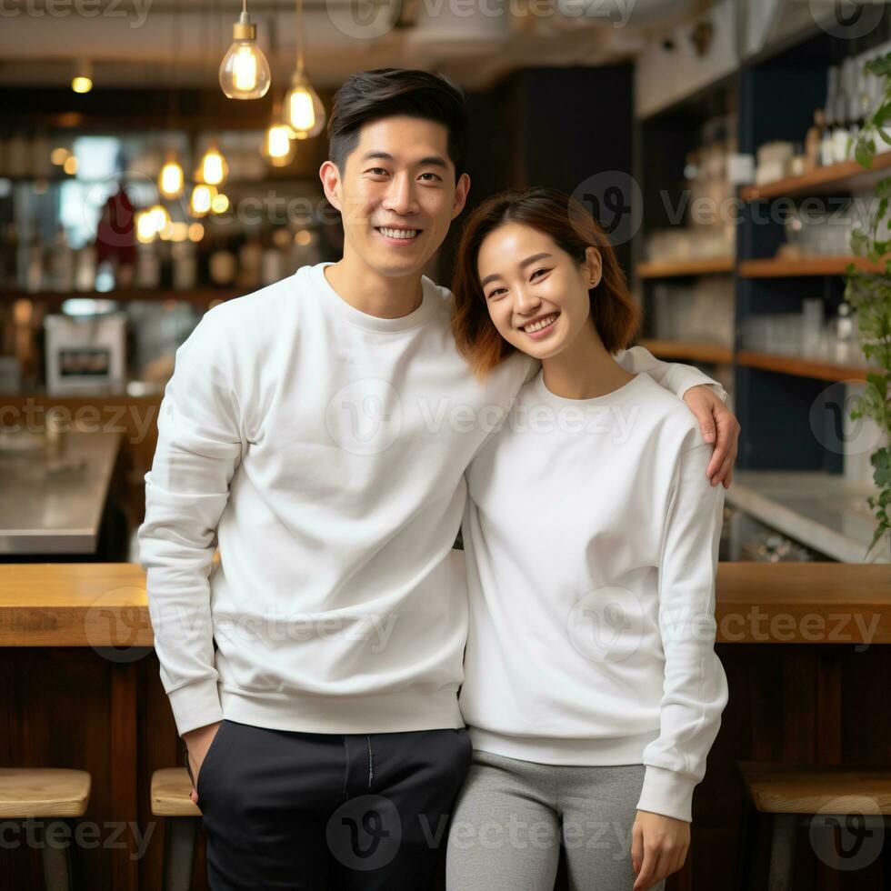 Illustration of a couple fashion portrait with plain sweater mockup, AI. generative photo