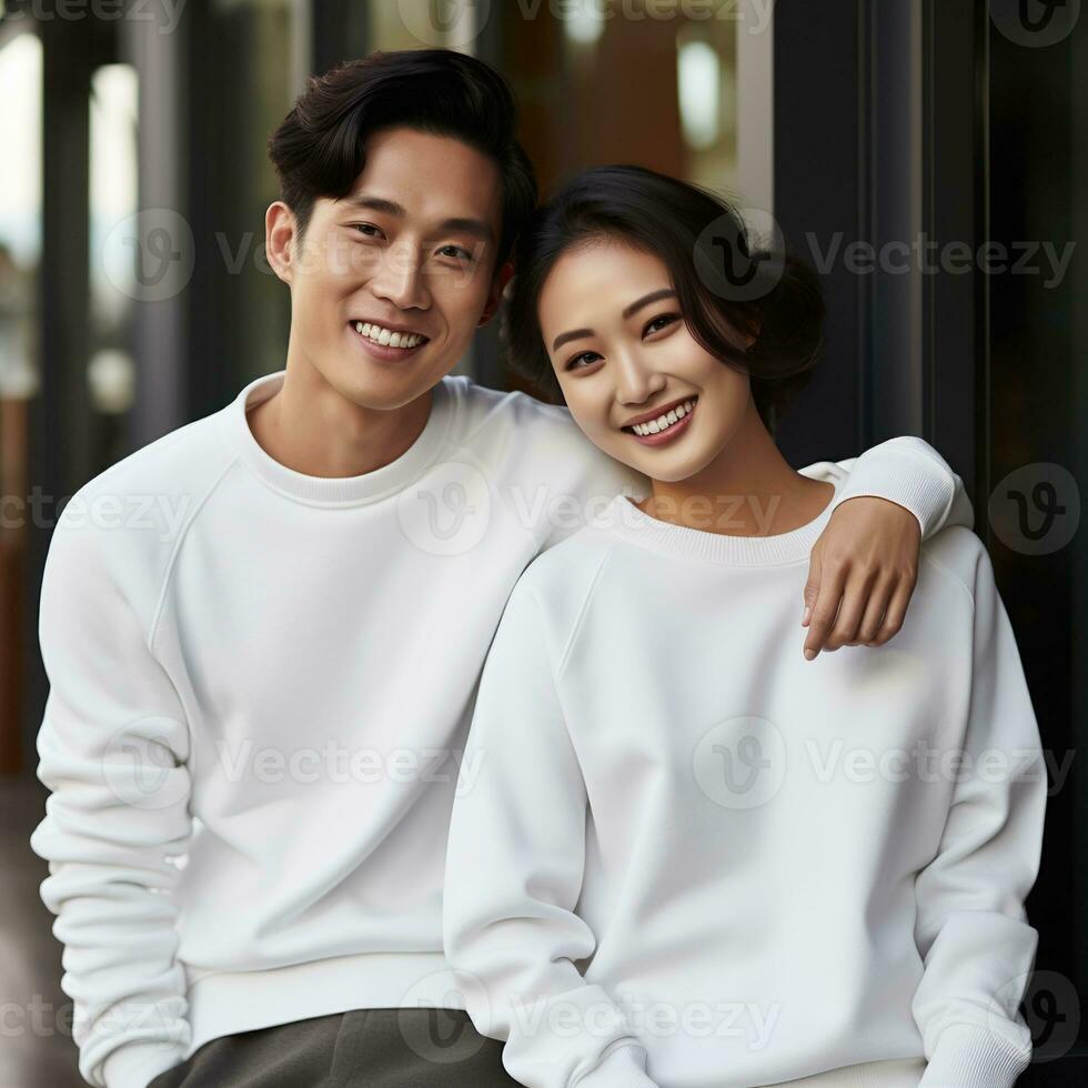 Illustration of a couple fashion portrait with plain sweater mockup, AI. generative photo