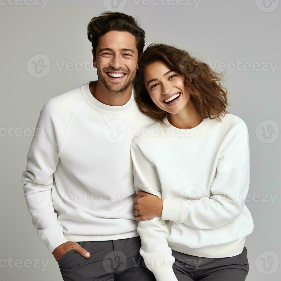 Illustration of a couple fashion portrait with plain sweater mockup, AI. generative photo