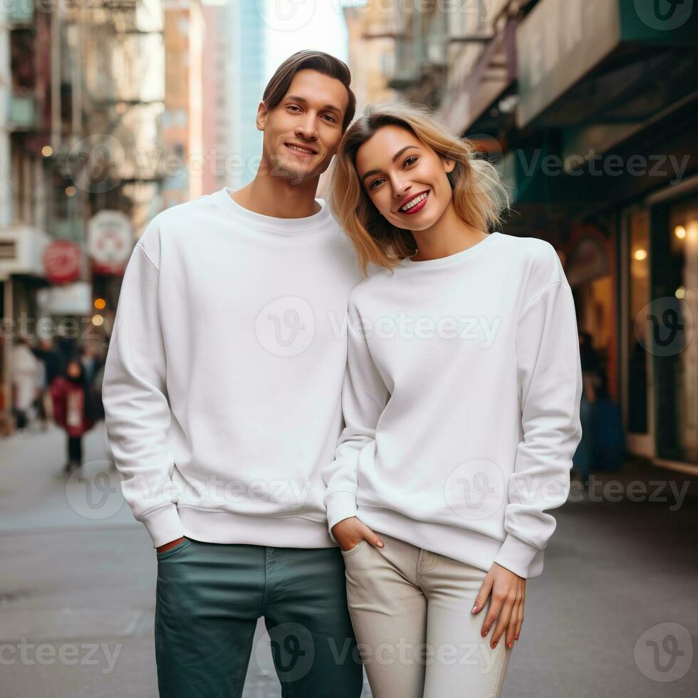 Illustration of a couple fashion portrait with plain sweater mockup, AI. generative photo