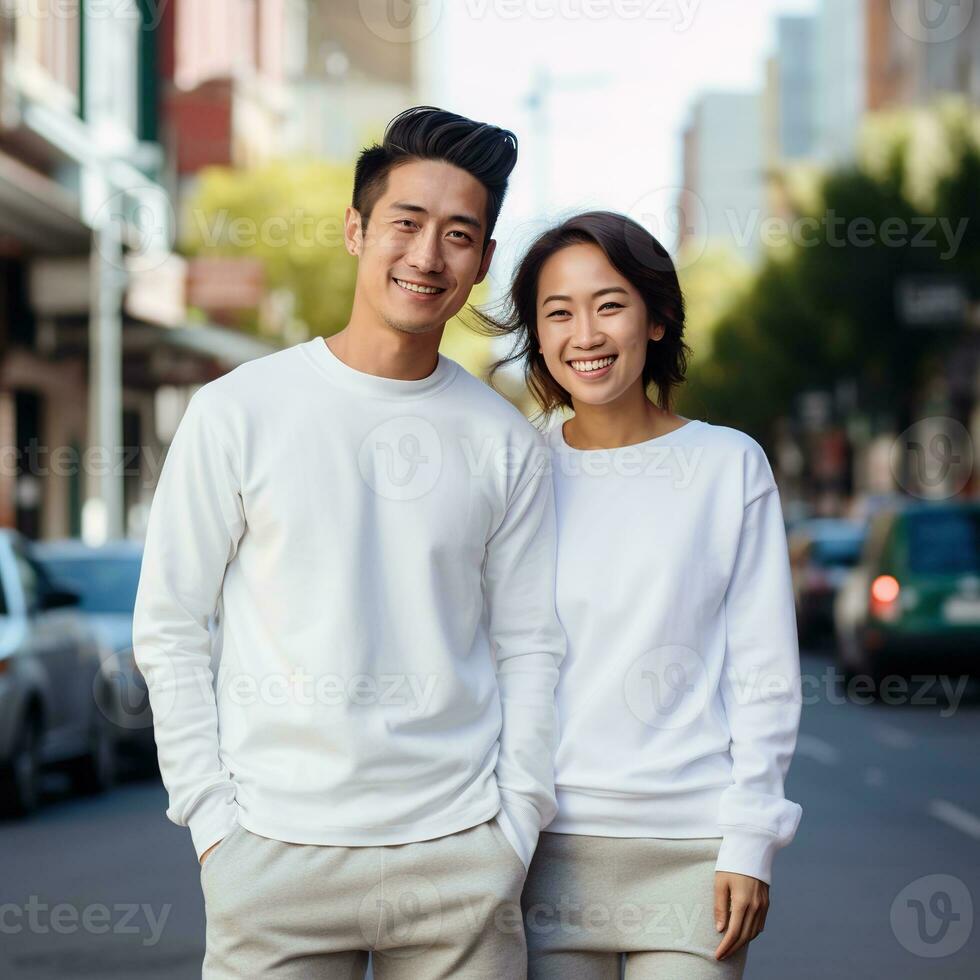 Illustration of a couple fashion portrait with plain sweater mockup, AI. generative photo