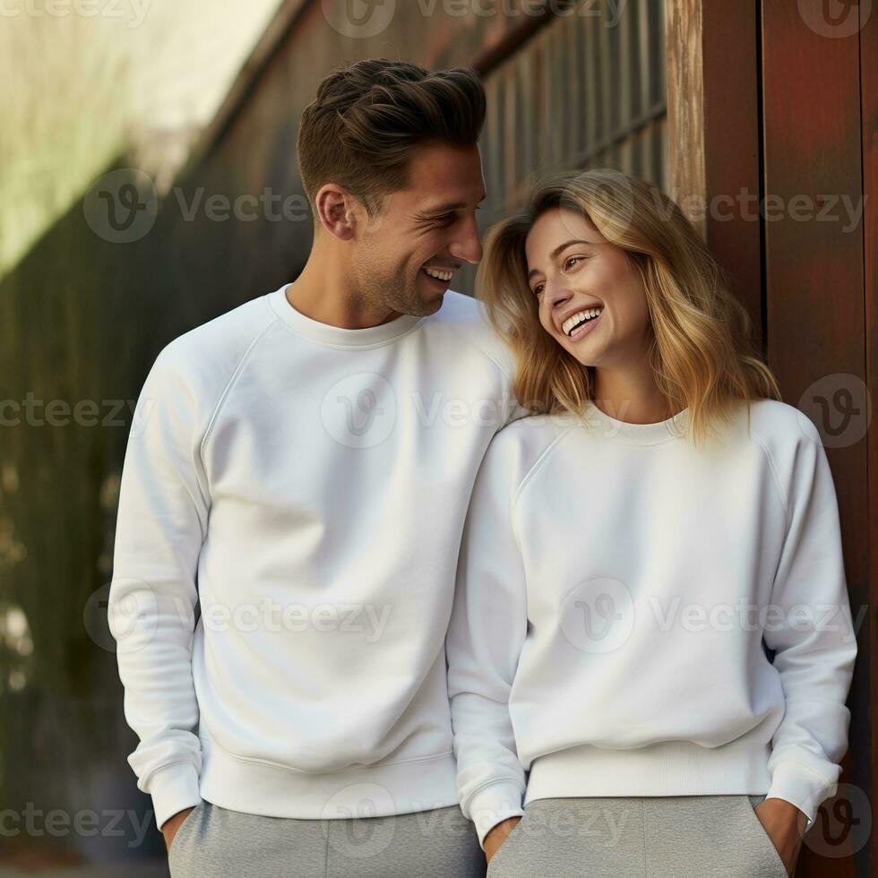 Illustration of a couple fashion portrait with plain sweater mockup, AI. generative photo